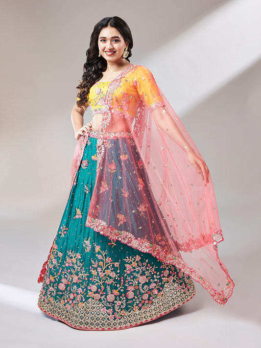 Teal Pure Georgette Sequinse Work Semi-Stitched Lehenga & Unstitched Blouse with Dupatta