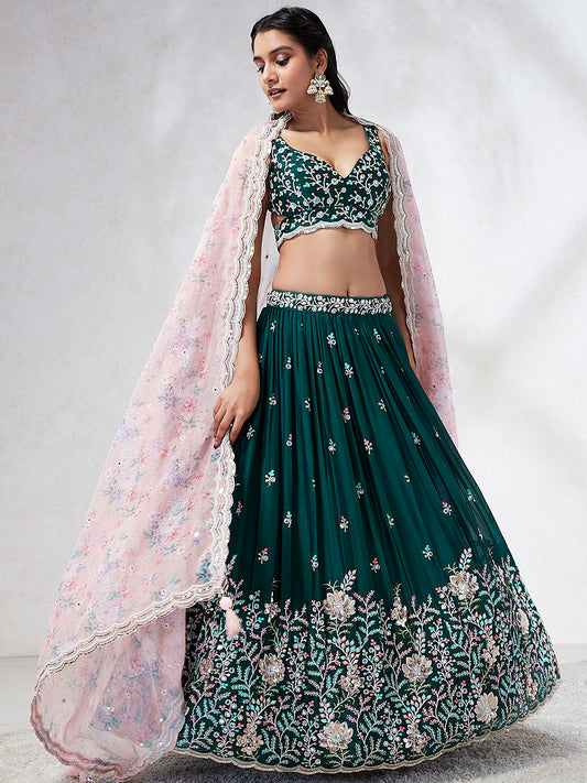 Teal - Georgette Sequins, Mirror and thread embroidery Semi-Stitched Lehenga choli
