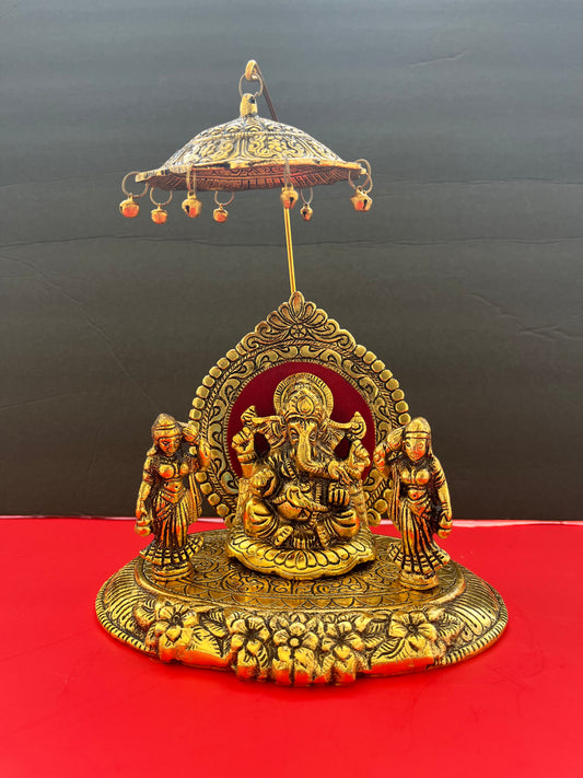 Oxidised Metal Sitting Lord Ganesh Under Umbrella with Goddess Ridhi and Sidhi Showpiece