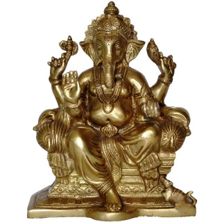 Brass Statue of Hindu Lord Ganesha - Antique Yellow Finish Metal Sculpture - Indian Handmade Craft Idol Look Like Bronze - Unique Home Decor and Gift