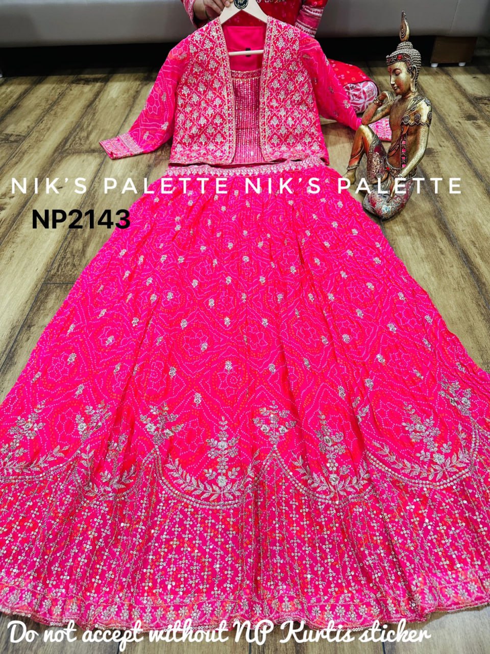 Premium Georgette Bandhani Print Skirt with Zari Embroidered Jacket and Crop Top